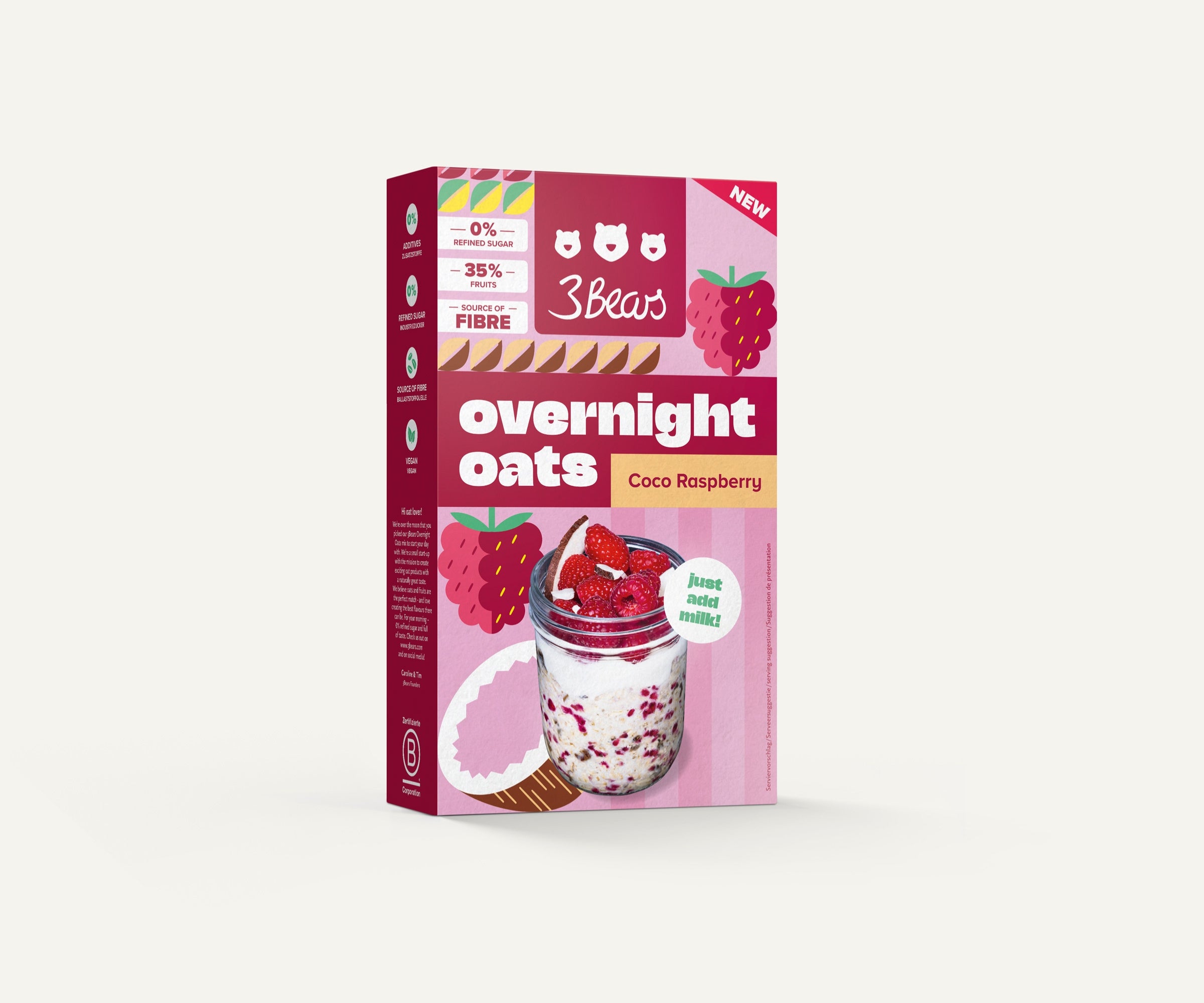 3Bears Overnight Oats - Coco Raspberry, naturally sweet, no additives, and 100% vegan 01_OO-Kokos-Himbeere_Hauptbild_7000796 #size_400g