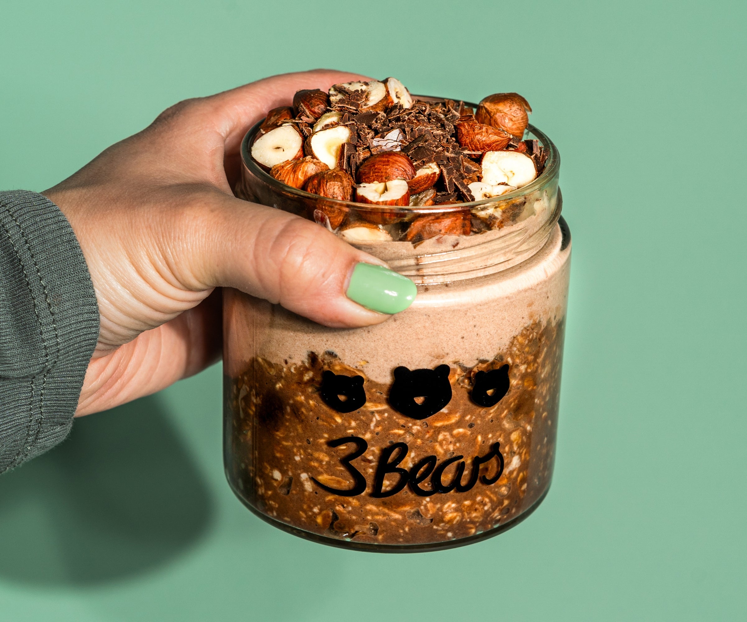 Jar with 3Bears Overnight Oats - Hazelnut Cocoa, light chocolate creme, crunched hazelnuts and chocolate