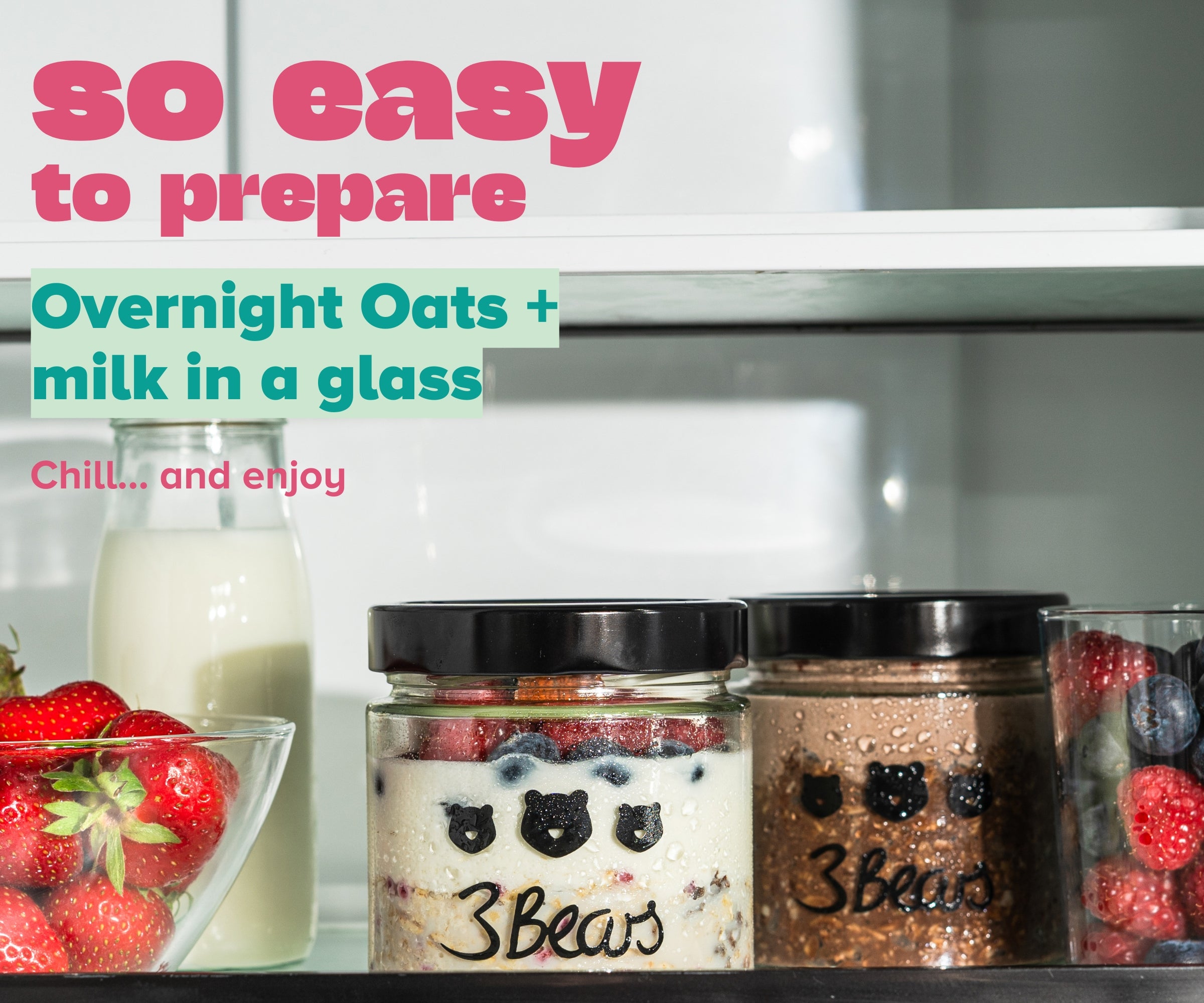 Easy preparation: add Overnight Oats + milk to the jar, wait and enjoy