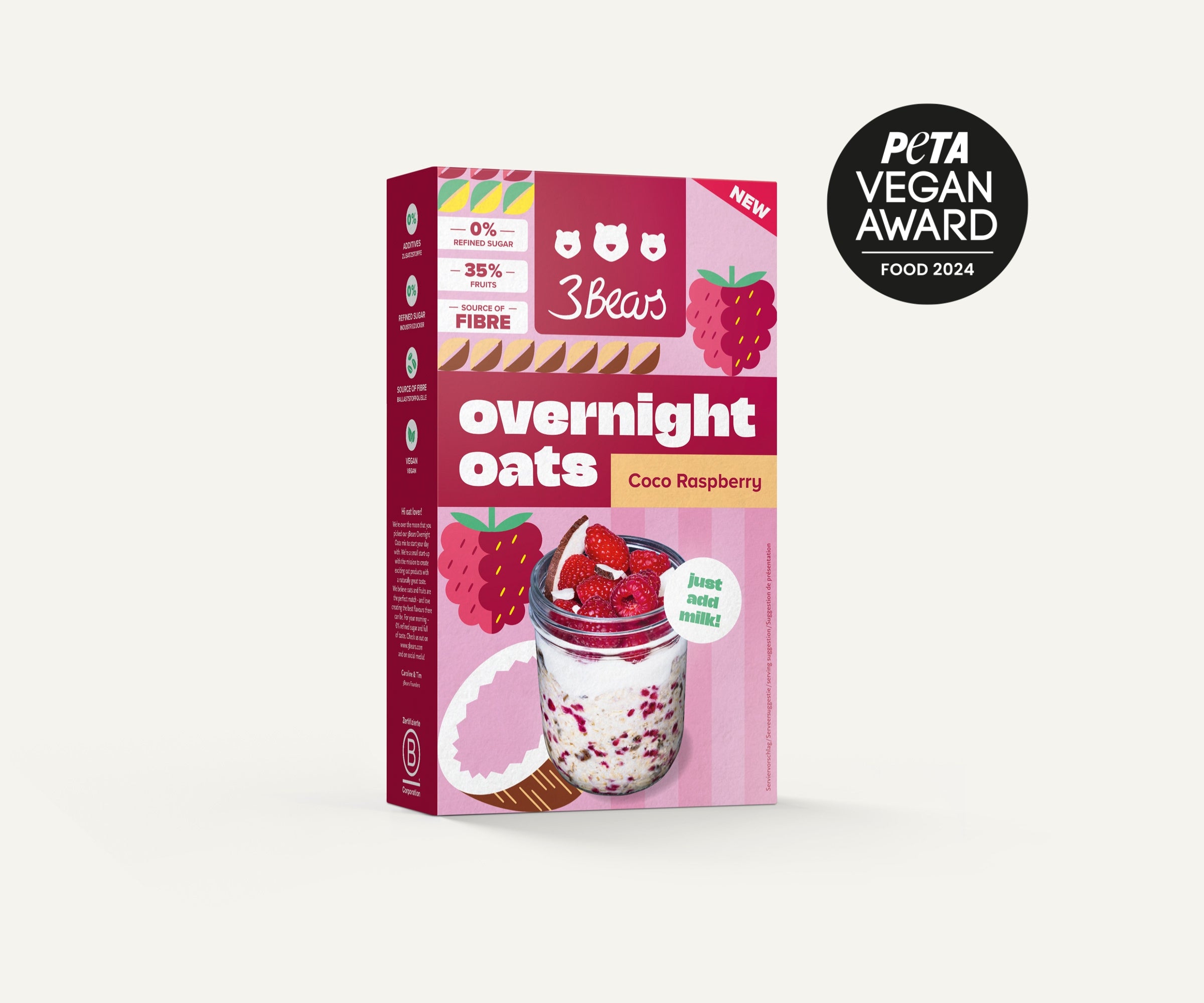 3Bears Overnight Oats - Coco Raspberry, naturally sweet, no additives, and 100% vegan 01_OO-Kokos-Himbeere_Hauptbild_7000796 #size_400g